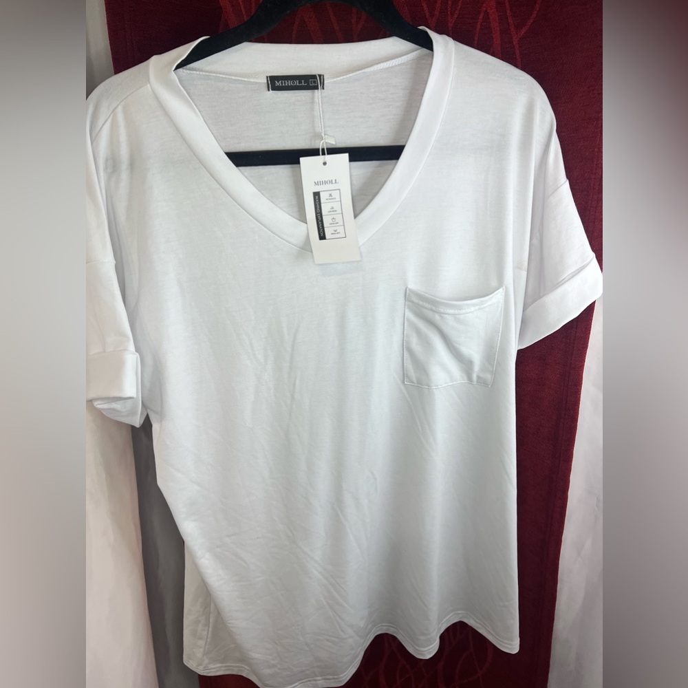 Miholl‎ Womens White Pullover Top With Rolled Sleeves Size Medium